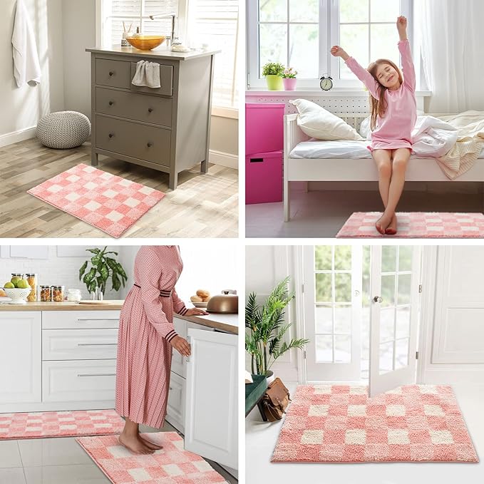 CozeCube Bath mats for Bathroom Non Slip, Fluffy Absorbent Microfiber Bath mat Washable, Aesthetic Bathroom Rugs, Small Blossom Pink Checkered Bath mat, Blossom Pink, 24" x 16"