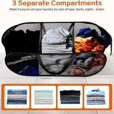 Foldable Laundry Baskets, Collapsible Mesh Laundry Hamper, Durable Pop Up Laundry Basket, 3 Compartments Clothes Hampers for Laundry, Easy to Carry & Sort for Dorm, Home, Kids Room, Travel Black