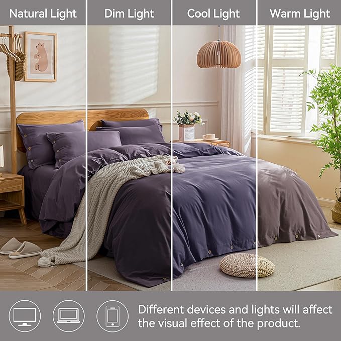 JELLYMONI Cotton Duvet Cover Cal King Size - Purple Comforter Cover with Button 100% Washed Cotton 3PCS Breathable Soft Solid Bedding Set Duvet Cover 104×98in & 2 Pillowcases (NO Comforter)