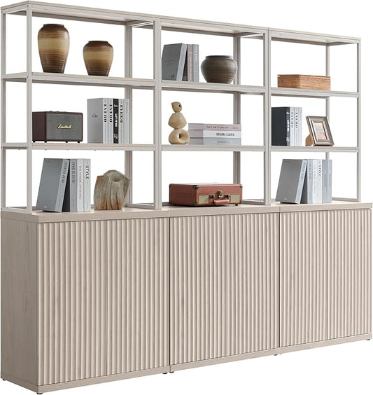 SICOTAS Book Shelf Fluted Bookshelf Cabinet - 75" Tall Bookcase 6 Tier Large Bookshelves with Door Storage Modern Triple Wide Book Shelves Case for Living Room Office Library, Metal Frame, White Alder