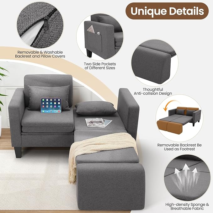 SEJOV 6-in-1 Convertible Sofa Bed, 58" Loveseat Sleeper Sofas with Pull Out Couch Bed, Removable Backrest, Storage Pockets and 2 Pillows, Modern Folding Linen Futon Couch for Small Spaces, Gray