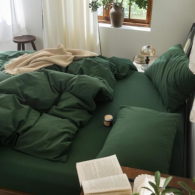 FOSSA Duvet Cover Set 100% Washed Cotton Linen Feel Super Soft Breathable Cozy 3 Pieces Bedding Sets Solid Forest Green Super Queen