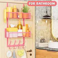 Over The Door Hooks Organizer, Coat Rack Over The Door Storage Hanger Towel Rack, Back of Storage Organizer for Bathroom,Bedroom,Kitchen,Office (Pink 3-Tier)