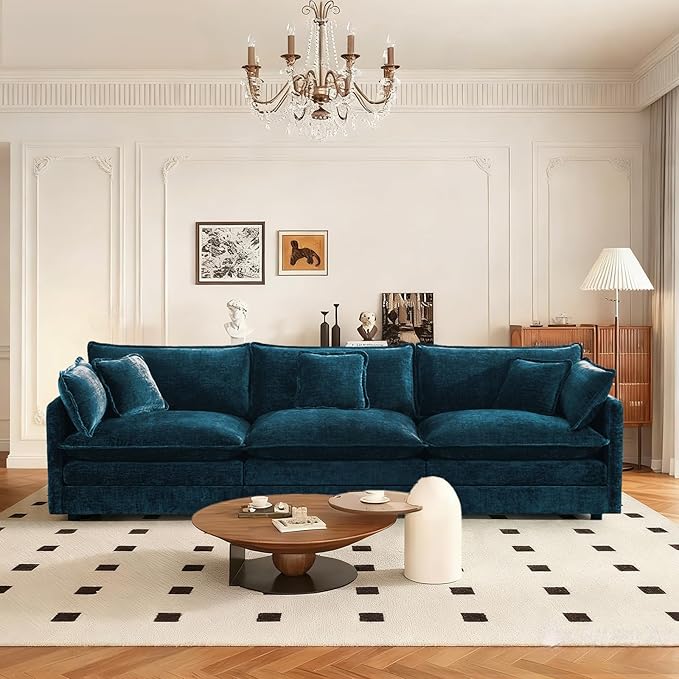 SoarFlash Chenille Sectional Sofa, Comfy Modular Loveseat Sofa, Modern 3-Seat Couch Deep Seat Sofa Set for Living Room,Deep Blue