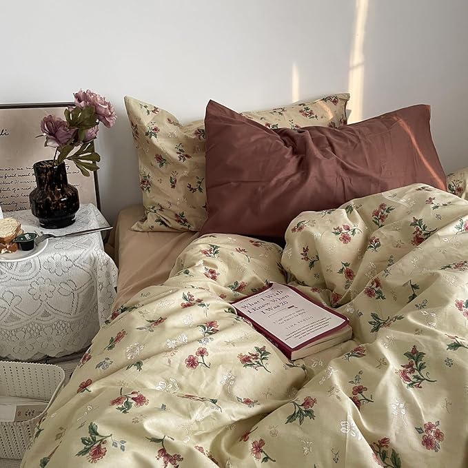 mixinni Vintage Floral Duvet Cover Twin XL Size - 3 Piece 100% Cotton Cottagecore Red Flowers & Green Leaves Bedding, Soft Botanical Comforter Cover & Pillowcases, Aesthetic Spring Bed Set for Girls