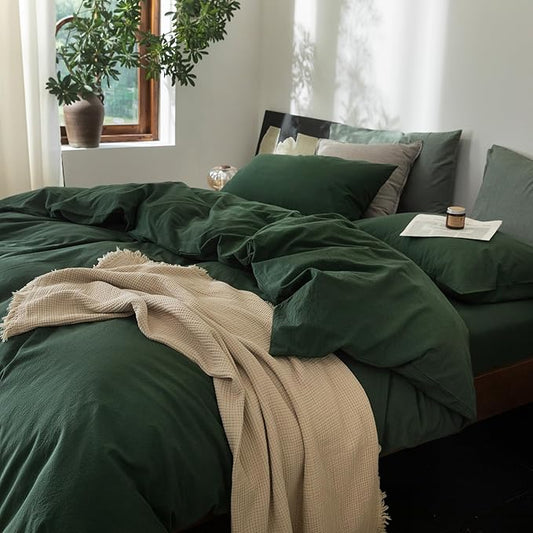 FOSSA Duvet Cover Set 100% Washed Cotton Linen Feel Super Soft Breathable Cozy 3 Pieces Bedding Sets Solid Forest Green Oversized King