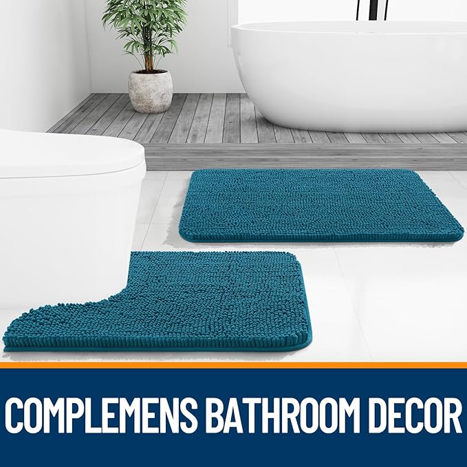 OLANLY Bathroom Rugs 24x16, Extra Soft Absorbent Chenille Bath Rugs, Rubber Backing Quick Dry, Machine Washable Bath Mats for Bathroom Floor, Tub and Shower, Home Decor Accessories, Peacock Blue