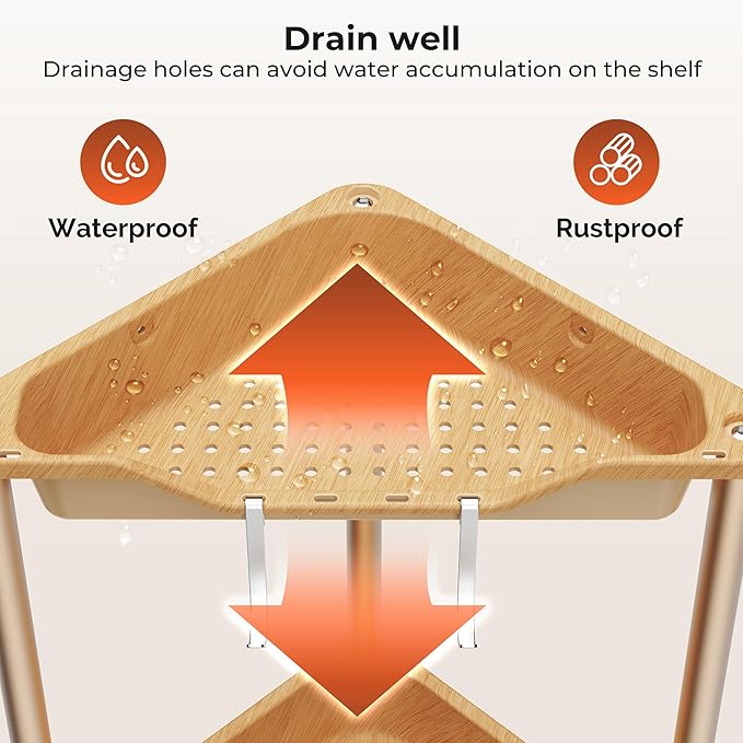 Orimade Rustproof 4 Tier Floor Standing Corner Shower Caddy Organizer, Plastic Aluminum Splicing Floor Corner Shelf Rack Storage Stands for Bathroom, Wood Grain Surface