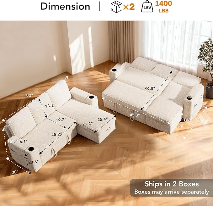 Sunny Heart L-Shaped Sleeper Sofa with Pull Out Bed, 82" Sectional Couch with Reclining Backrest, Reversible Storage Chaise, Armrest Storage, Cup Holders, Side Pockets, Tool-Free Assembly, Beige