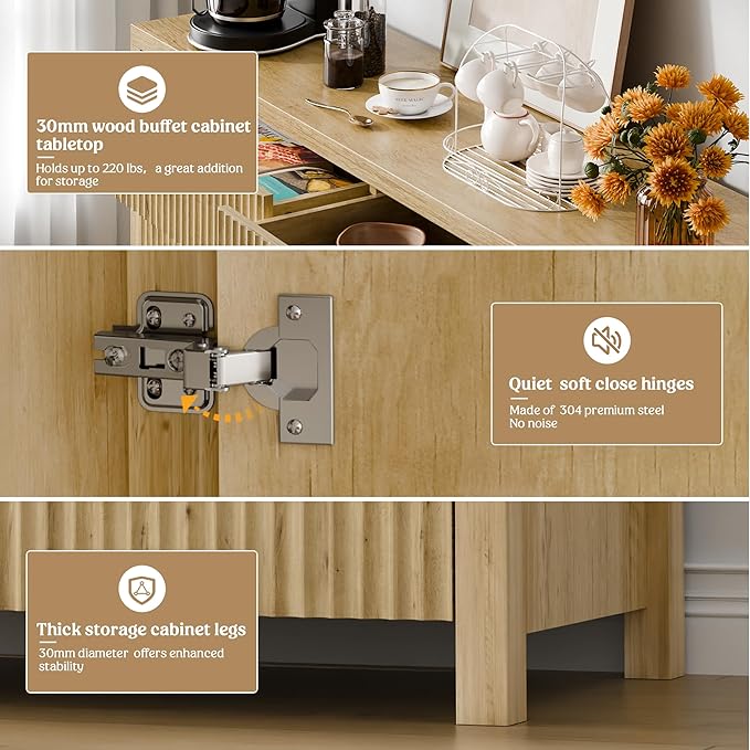Lulive Fluted Buffet Cabinet with Storage 55 inch Wood Large Sideboard with Adjustable Shelves for Entryway Kitchen Living Room