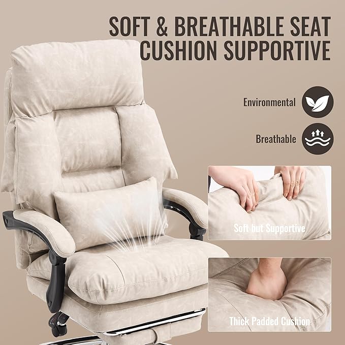 Office Chair with Footrest 500lbs,Reclining Leather Computer Chair for Heavy People, Big and Tall Comfy Executive Desk Chair with Lumbar Support & Pillow Black,High Back Vintage Color