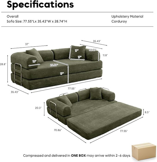 Convertible Sleeper Sofa Bed, Corduroy Floor Couch with Fixed-Shape Frame, Comfy Modular Floor Sofa with Pull Out Bed, Loveseat Sleeper Boneless Couch for Living Room, Green