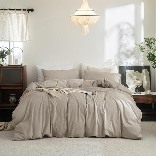 FOSSA Duvet Cover Set 100% Washed Cotton Linen Feel Super Soft Breathable Cozy 3 Pieces Bedding Sets Solid Tannish Linen Grey Oversized Queen