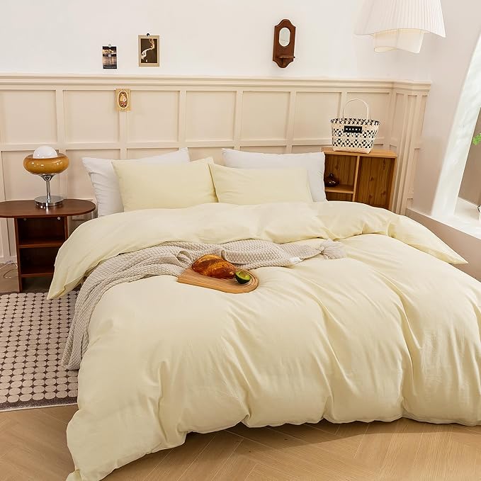 ECOCOTT Duvet Cover Set, 100% Washed Cotton Linen-Like Soft & Breathable, Durable Comfy Bedding Set for All Seasons (Light Yellow, Queen)