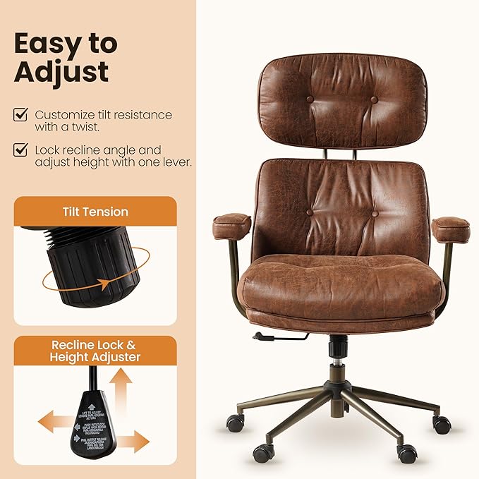 Mid-Century Modern Office Chair, Home Office Desk Chair with Adjustable Lumbar Support, Thickened Cushion Executive Desk Chair with 360 Rolling Swivel for Meeting Game Study Room(Dark Brown)