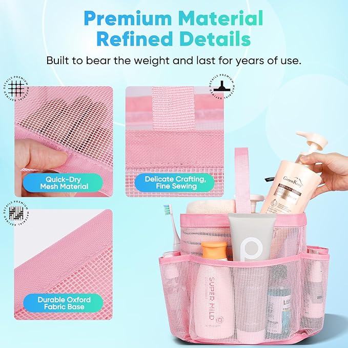 EUDELE Mesh Shower Caddy Portable for College Dorm Room Essentials,Portable Shower Caddy Dorm with 8-Pocket Large Capacity, Shower Bag for Beach, Swimming, Gym-Pink