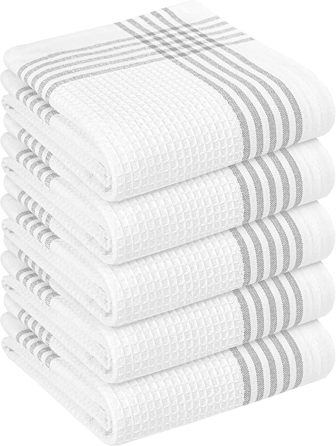 Grey and White Cotton Kitchen Towels 5 Pack, 16x26 Inch, Waffle Weave, Quick Dry, Absorbent, Durable Dish Towels for Drying, Cleaning, Cooking, Daily Kitchen Use