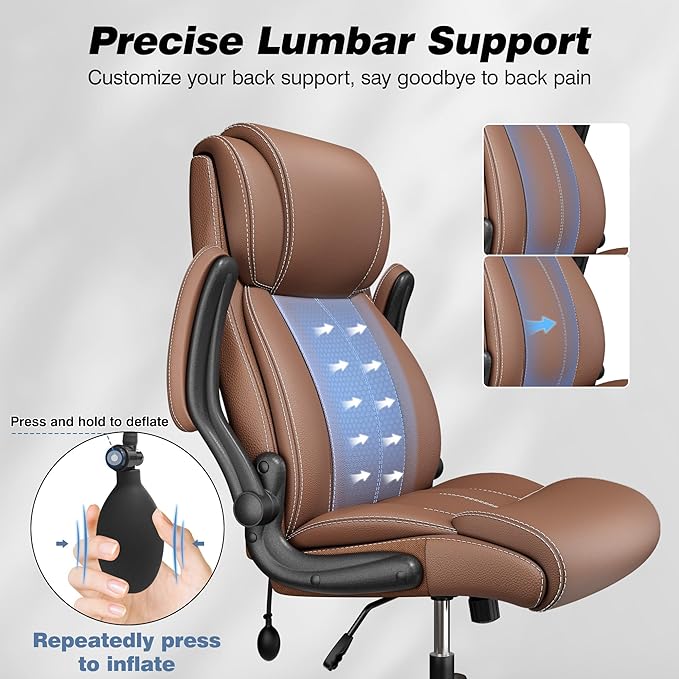 Ergonomic Office Chair - Home Desk Computer Chair, Leather High Back Executive Chairs with Adjustable Lumbar Support & Flip-up Arms, Rocking Swivel Comfy, Brown