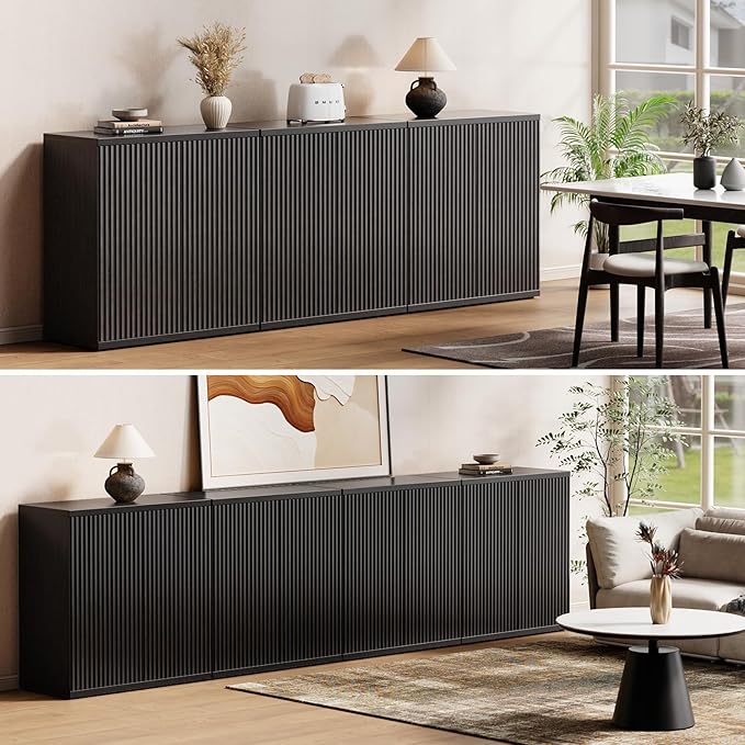 Fluted Buffet Cabinet Sideboard with Storage,Wooden Credenza with 2 Doors&Adjustable Shelve, Modern Accent Cabinets Coffee Bar Bookcase for Living Room,Kitchen Dining Room Entryway 15"D Black