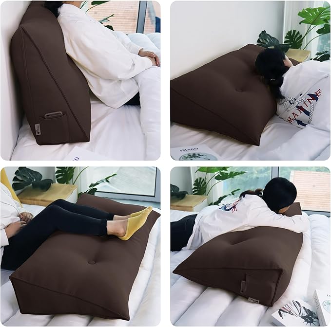 WOWMAX 85% Linen 15% Cotton Blend Headboard Pillow – Twin Size Reading Wedge Backrest for Bed, Handmade Firm Support Bolster Cushion with Removable Cover, Premium Bed Rest Pillow, Brown