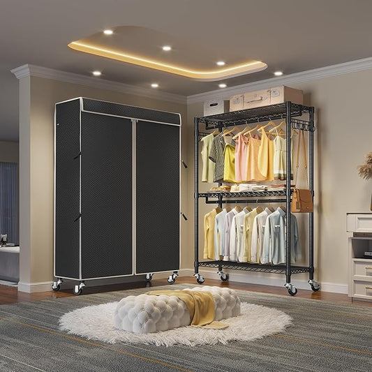 VIPEK R2C Plus Heavy Duty Rolling Garment Racks with Cover Clothing Rack for Hanging Clothes Portable Closet with Adjustable Wire Shelving & Double Rods, Black Rack with Black Upgarded Polyester Cover
