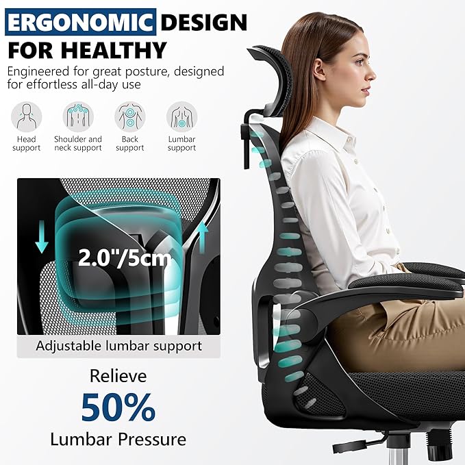 Ergonomic Office Chair - High Back Mesh Computer Desk Chair with Adjustable Lumbar Support & Headrest, Flip-Up Armrests, Tilt Function - Perfect for Gaming, Work, and Study -Black