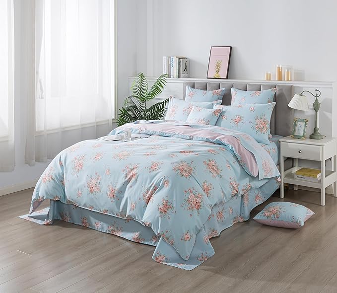 FADFAY Duvet Cover Set Twin Blue Rose Floral Bedding Rustic Peony Flower Comforter Cover Set Vintage Farmhouse Bedding 100% Cotton Ultra Soft Quilt Cover with Hidden Zipper Closure 3Pcs, Twin Size