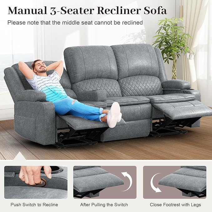 3-Seater Recliner Sofa, Manual Reclining Couch with Multi-Functional Middle Seat, Reclining Sofa for Living Room with Hidden Storage Space, Cup Holders, and Removable Console