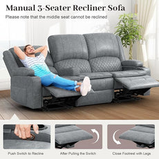 3 Seater Recliner Sofa Set with 2-Tier Cushion, 3+1+1 Pieces in Living Room, 3 Seater Reclining Couch Leather with Removable Console, 2 Oversize Recliner Chair Sofa Seat
