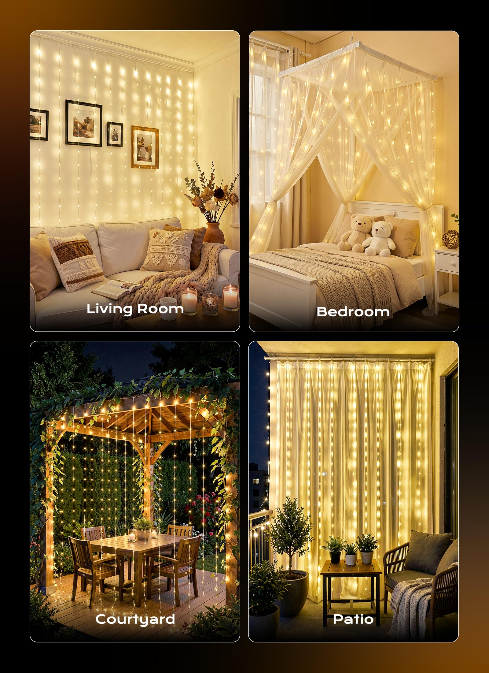 Brightown 300 LED Fairy Curtain Lights, 9.8ft x 9.8ft Warm White Curtain String Lights, USB Plug in 8 Lighting Modes Christmas Decoration, Hanging Lights with Remote for Bedroom Indoor Weddings Dorm