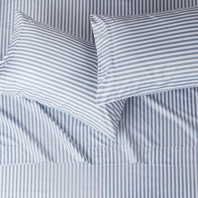 Amazon Basics Lightweight Super Soft Easy Care Microfiber 4 Piece Bed Sheet Set With 14-inch Deep Pockets - Queen, Dusty Blue Pinstripe,Printed AmazonBasics