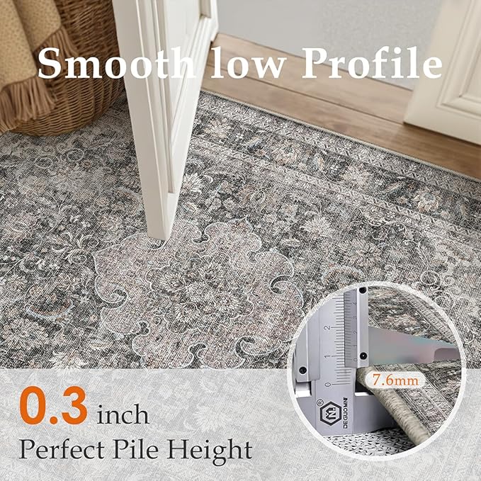 2x6 Washable Vintage Runner Rug Black Grey Hallway Kitchen Carpet Non-Slip Soft Low Pile Distressed Throw Rug for Bedroom Bathroom Laundry Living Room