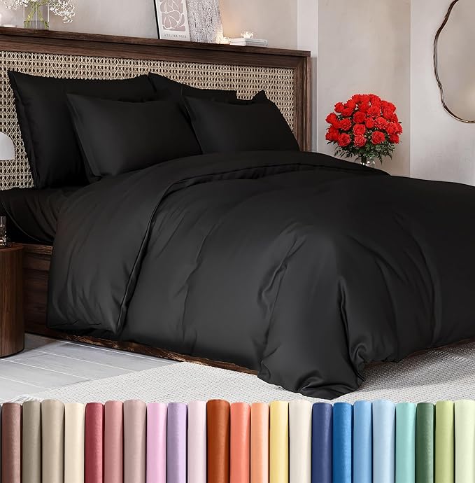 Duvet Cover Super King Size Set - Extra Soft Duvet Cover 108 x 98 with 2 Pillow Sham - Hotel Luxury, Easy Care and Fade Free with Zipper Closures & Ties - Comfy, Cozy Breathable Bedding Set (Black)