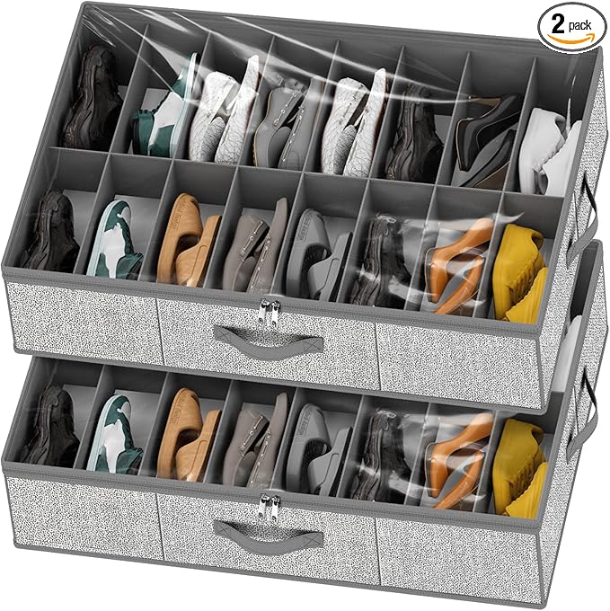 homyfort 32 Pairs Shoe Organizer Under Bed, Underbed Shoe Storage Boxes Bins, Organizador De Zapatos, Extra Large Zapateras Organizer, Grey, Set of 2