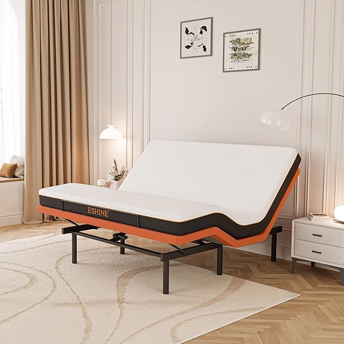 ESHINE King Adjustable Bed with Mattress + 8 Inch Gel Memory Foam Mattress(Medium-Firm), Bluetooth APP Control, Wireless Remote, Zero Gravity, Anti Snore, Head and Foot Incline, 2000 Series