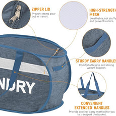 Collapsible Laundry Baskets with Lid, Foldable Clothes Hamper with Reinforced Handles, Sturdy Pop Up Hampers for Laundry, Tear Proof & Easy to Carry Laundry Hamper for Home, Dorm, Travel Blue