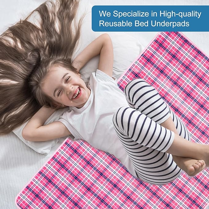 OUTCREATOR® Washable Bed Pads 34" x 76" (Pack of 2) for Incontinence Mattress Protector, Reusable Underpads for Elderly, Adults, Kids, Pets with Anti-Slip Bottom (Pink Plaid)