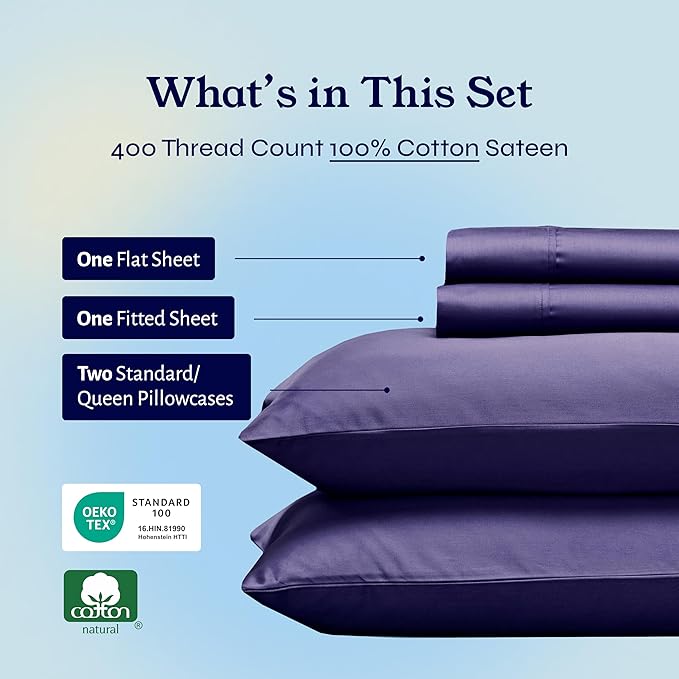 California Design Den Natural 100% Cotton Sheets, Soft Queen Sheet Set, 400 Thread Count Sateen, Deep Pockets with All-Around Elastic for a Snug Fit, Durable Bedding Set - Dark Purple
