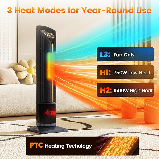 Auertech Space Heater with Humidifier & LED Light, 3 in 1 Portable Electric Heater with 3D Flame, Oscillating Room Heaters with Eco Mode, 28.5" Tower Heaters for Indoor Use Large Room, Office, Bedroom