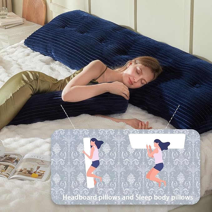 Headboard Wedge Pillow + A Long Neck Roll Pillow Body Pillow，Large Headboard Pillow with Removable Cover (Blue, Twin：39x8x20 inches)