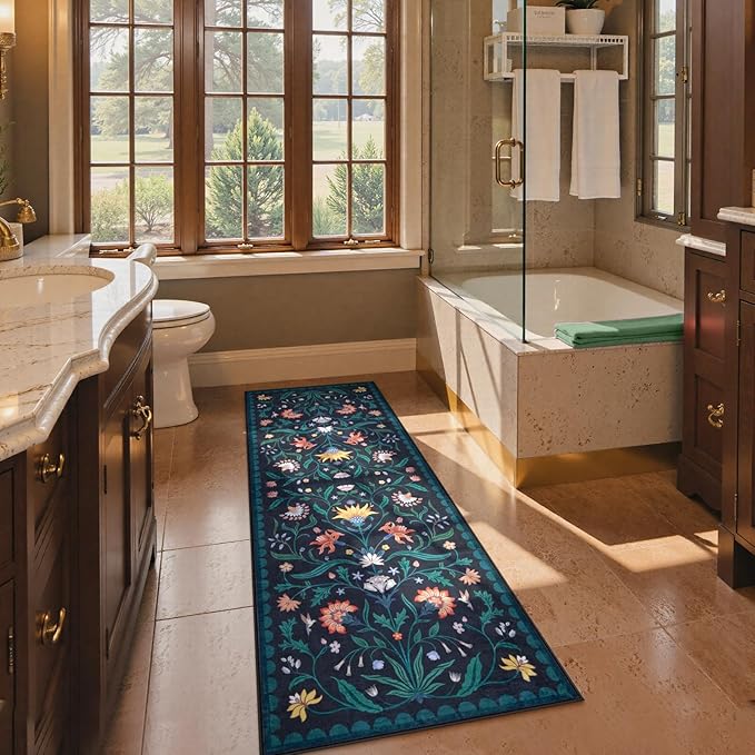 Lahome Boho Floral 2x6 Washable Kitchen Hallway Runner Rug Non Slip, Dark Blue Bathroom Carpet Runner, Soft Non-Skid Runners for Entryway Laundry(Dark Blue,2x6)