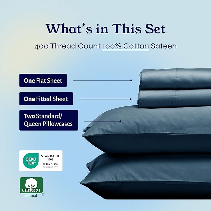 California Design Den Queen Sheet Set - Soft 400 Thread Count Sateen, Natural 100% Cotton Sheets for Queen Size Bed, Deep Pockets for a Snug Fit, Durable Bedding Set - Peacock Blue CaliforniaDesignDen