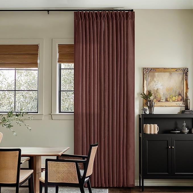 Chestnut Brown Linen Pinch Pleated Curtains 120 Inches Long for Living Room Pleated Drapes Back Tab Thick Linen Dark Terracotta Rust Farmhouse Country Extra Long 120 Inch Curtain for Dining Bedroom
