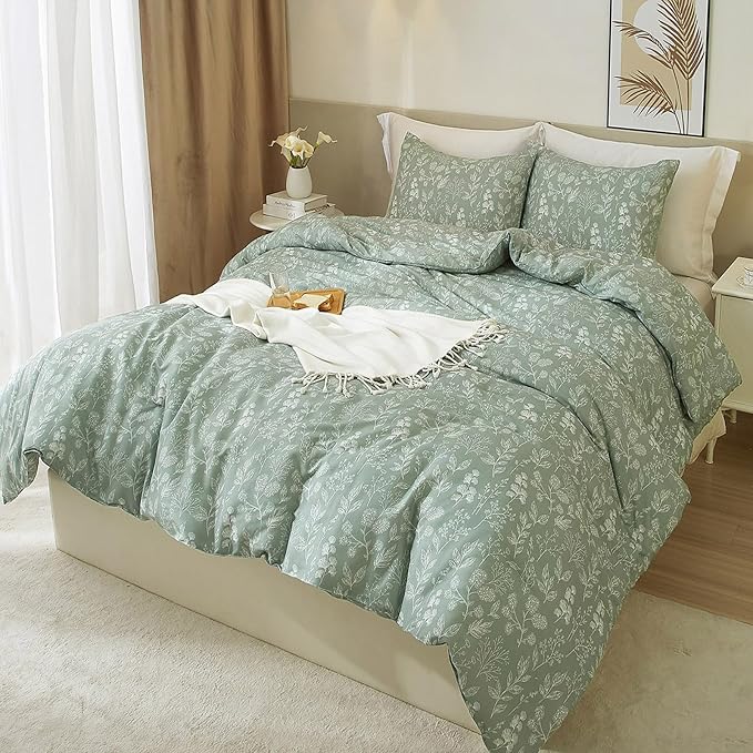 HighBuy Girls Floral Duvet Cover Twin XL Size Soft Cotton Green Botanical Comforter Cover Chic Garden Flowers Bedding Set Twin XL 3 Piece Aesthetic Boho Floral Bed Cover with Zipper Closure
