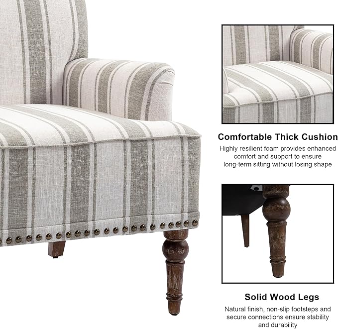 Accent Chair, Mid Century Modern Comfy Armchair for Living Room, Linen Fabric Single Sofa Lounge for Reading Bedroom Apartment Waiting Room with Wood Legs (Brown Stripe, Set of 1)