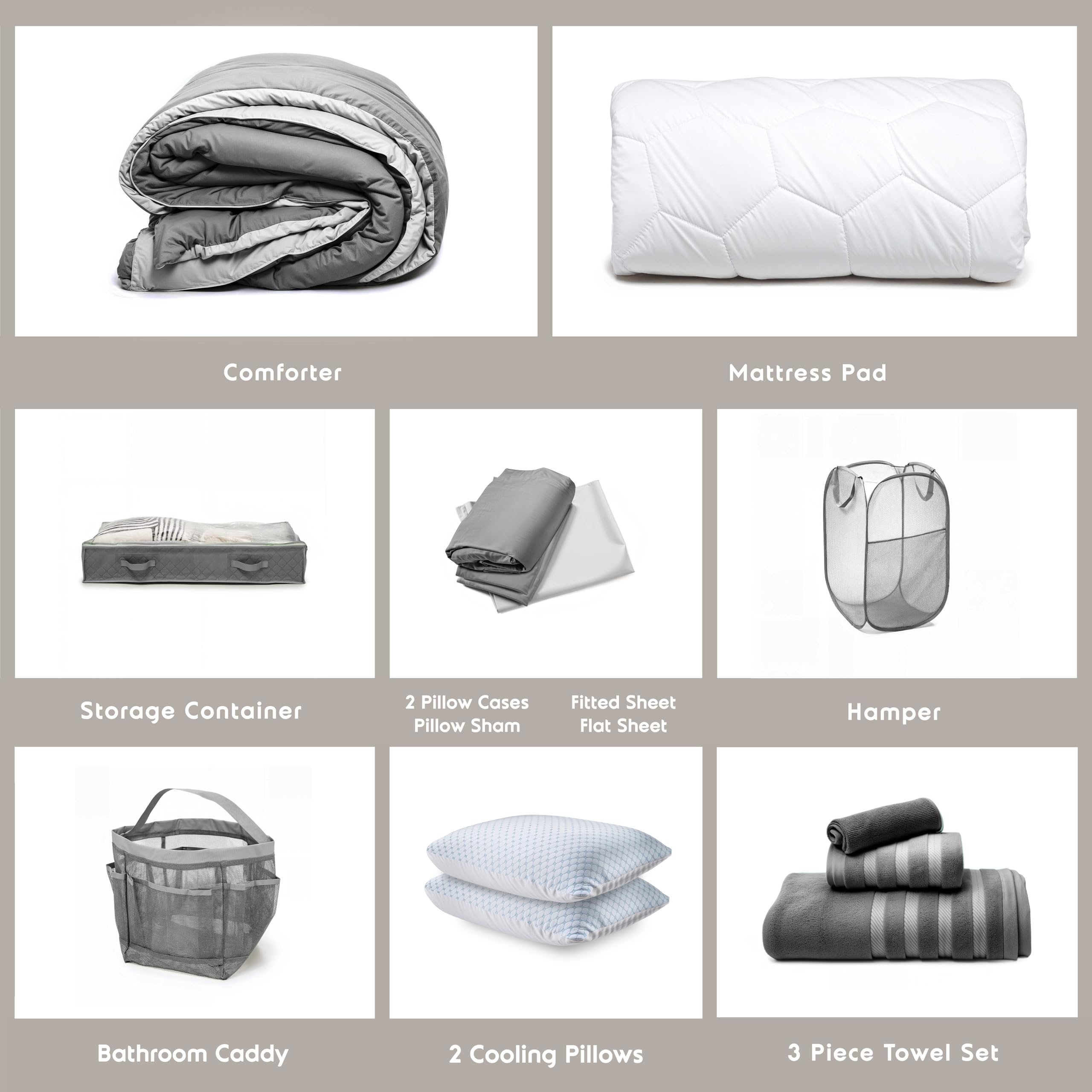 Hearth & Harbor Complete Dorm Room Set, Twin XL Comforter Set, Sheet Set, Mattress Protector, Towels and Organizers - All Dorm Accessories Included Dormly