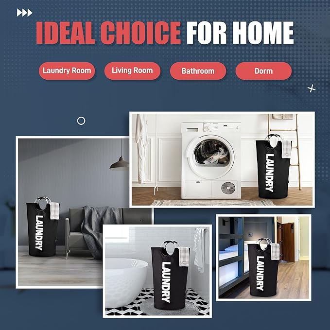 Caroeas 100L Laundry Basket,Large Laundry Hamper, Laundry Bag with Padded Handles, Clothes Hamper Stands Up Well, Collapsible Free Standing Easy Storage Washing Bin (Black,100L)