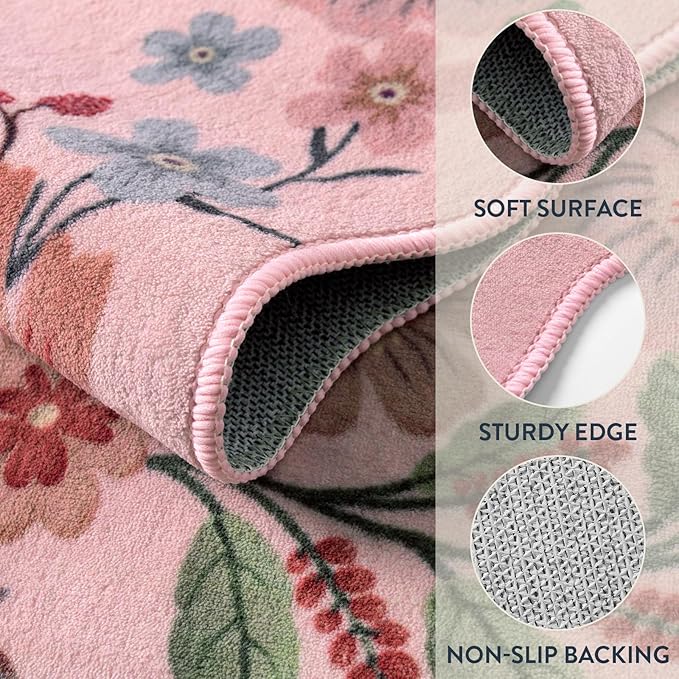 Lahome Floral Living Room Rugs, Pink Area Rugs 5x7 Rug for Bedroom Ultra-Thin Soft Rug, Non-Slip Washable Rugs Stain Resistant Throw Boho Rug for ‎‎Nursery Playroom Classroom (5x7ft, Pink)