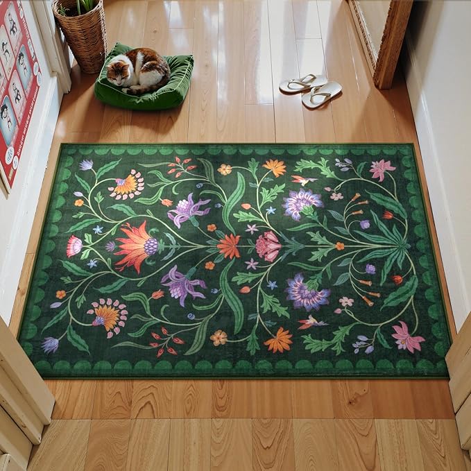 Lahome Boho Floral 2x3 Green Kitchen Rugs for Entryway, Washable Door Mat Indoor Entrance, Small Soft Non-Slip Indoor Carpet Throw Rugs for Bathroom Laundry(Forest Green,2x3)