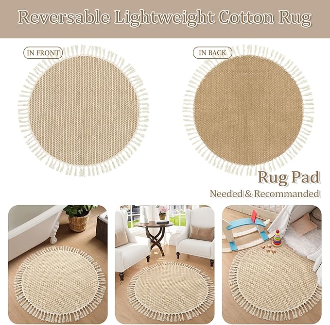 Lahome Boho Round Rug 3ft, Small Circle Rugs for Entryway Kitchen Cotton Washable Indoor Door Bath Mat with Tassels, Farmhouse Round Area Rug Non Shedding Circle Carpet for Bedroom Entry, Khaki